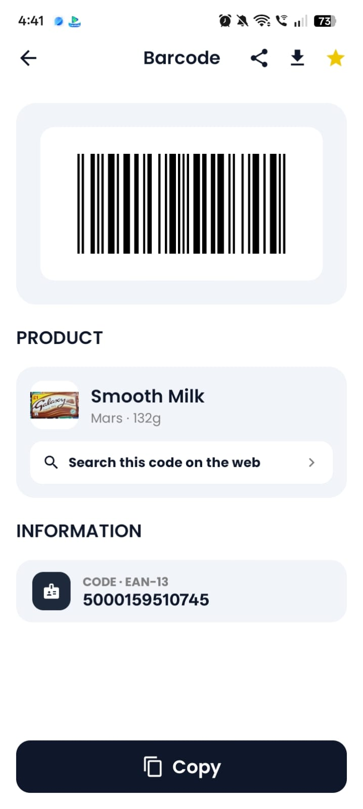 Product Barcode Result screen with product details