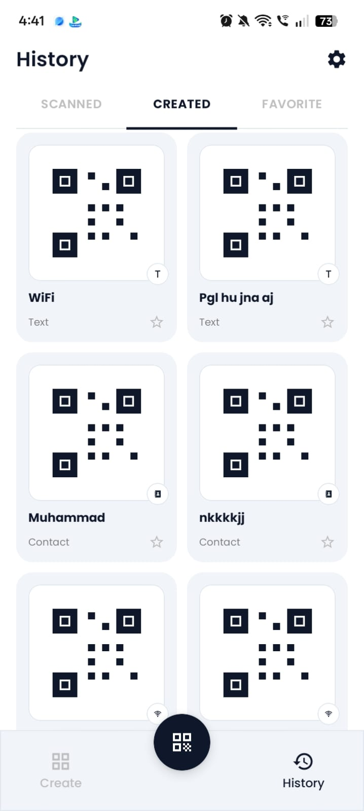 Created Codes screen listing previously generated codes