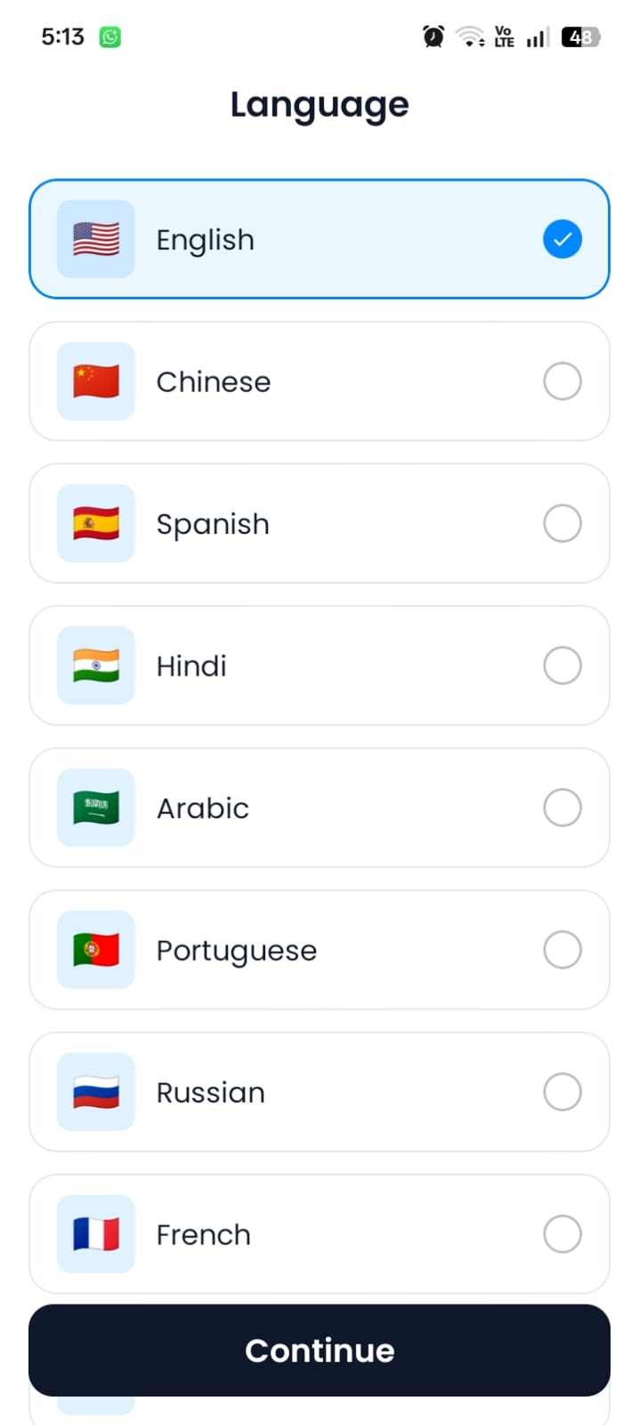 Language Selection screen