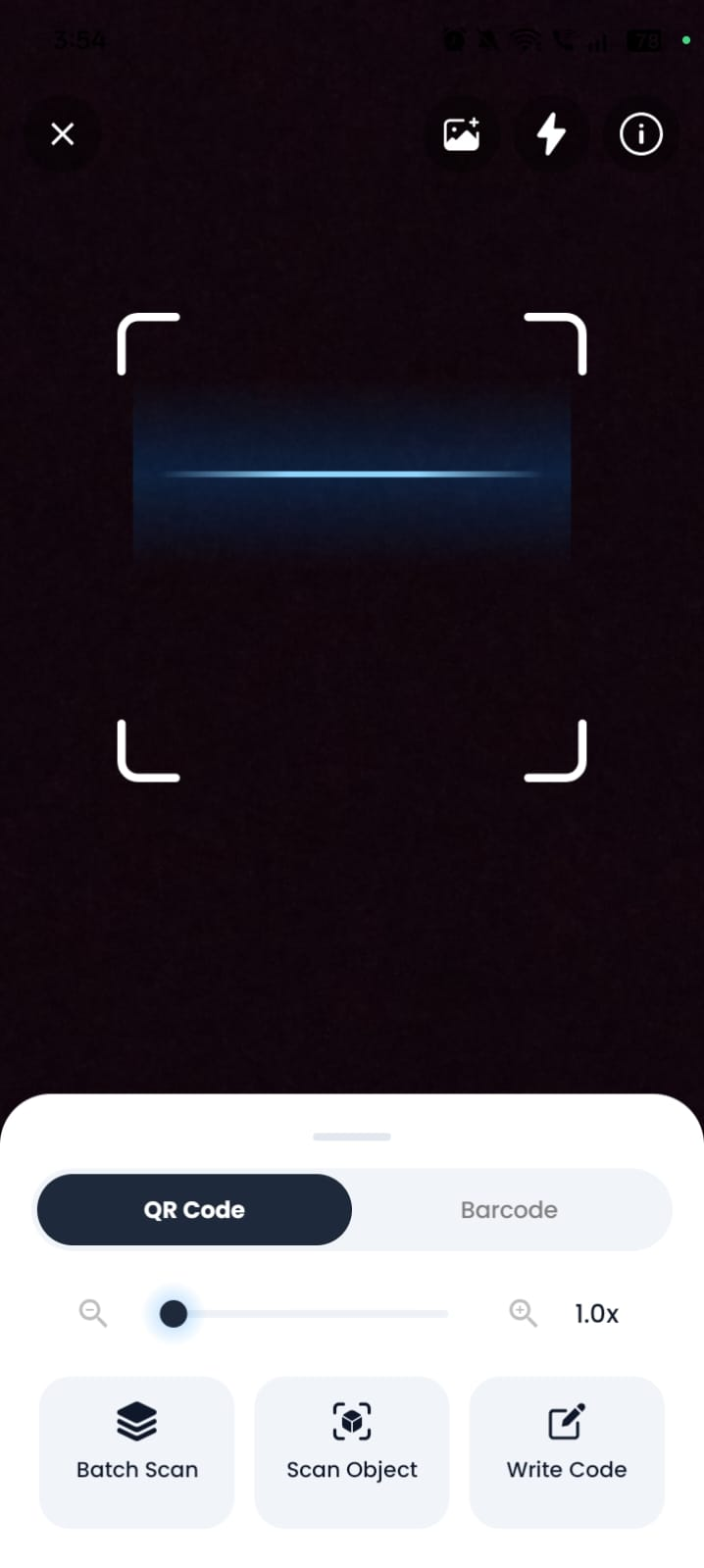 QR Code Scanner screen with live camera viewfinder