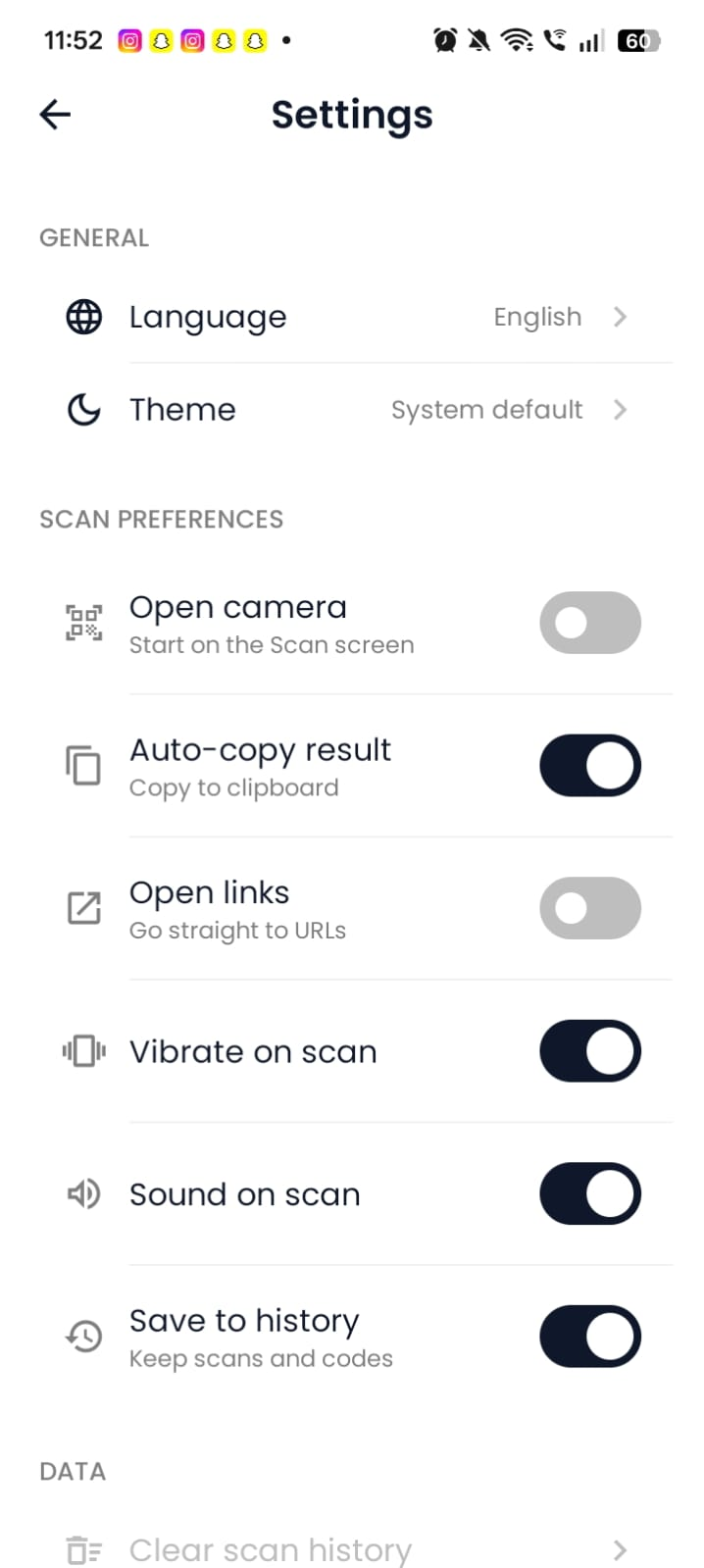 Scanner Settings screen
