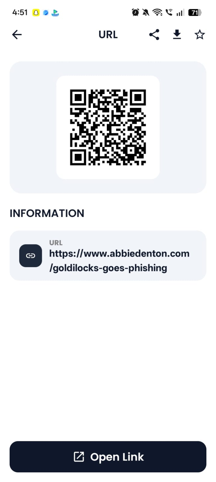 URL Scan Result screen with quick actions